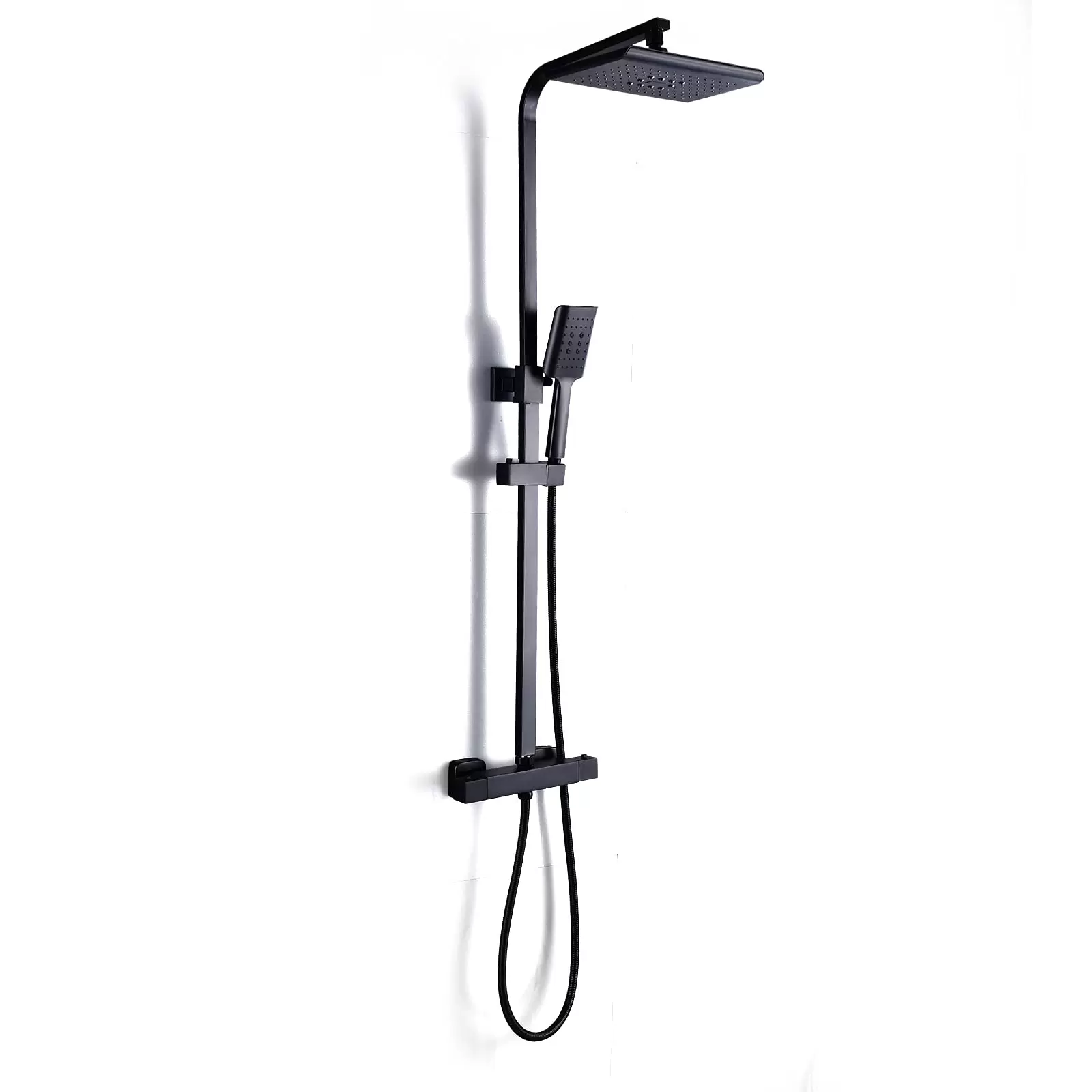 Sistema de ducha con termostato, 90 – 110 cm de altura regulable, acero inoxidable, con ducha de mano y alcachofa de 18 x 27 cm, color negro