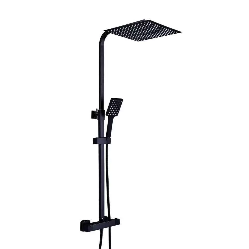 CNCEST 30 cm sistema de ducha moderno con termostato, ducha de lluvia con alcachofa superior y 3 funciones, altura ajustable, color negro