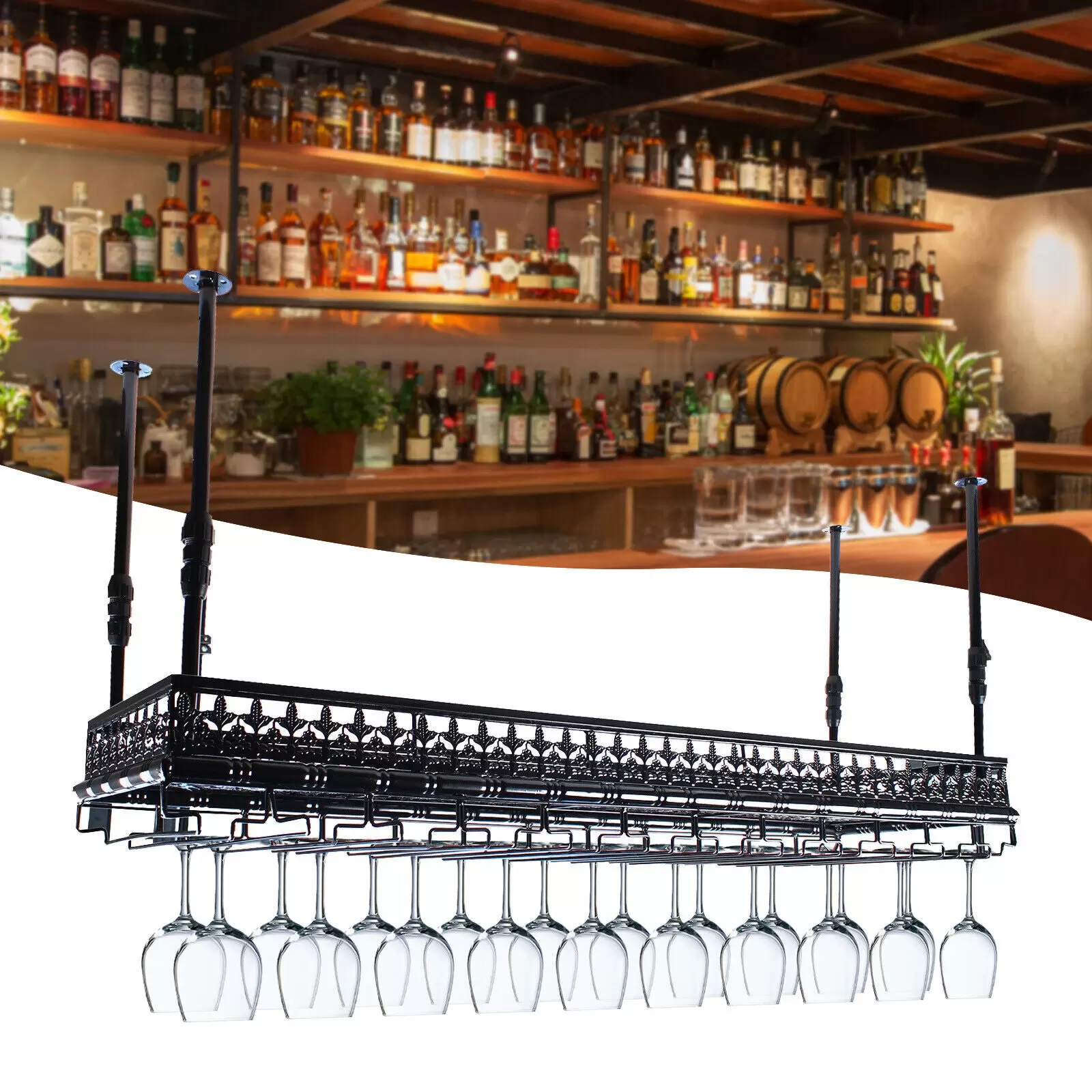 Soporte para colgar copas de vino, para colgar en la pared, para cocina, bar, comedor, estilo vintage, altura ajustable, 120 x 35 cm (negro)