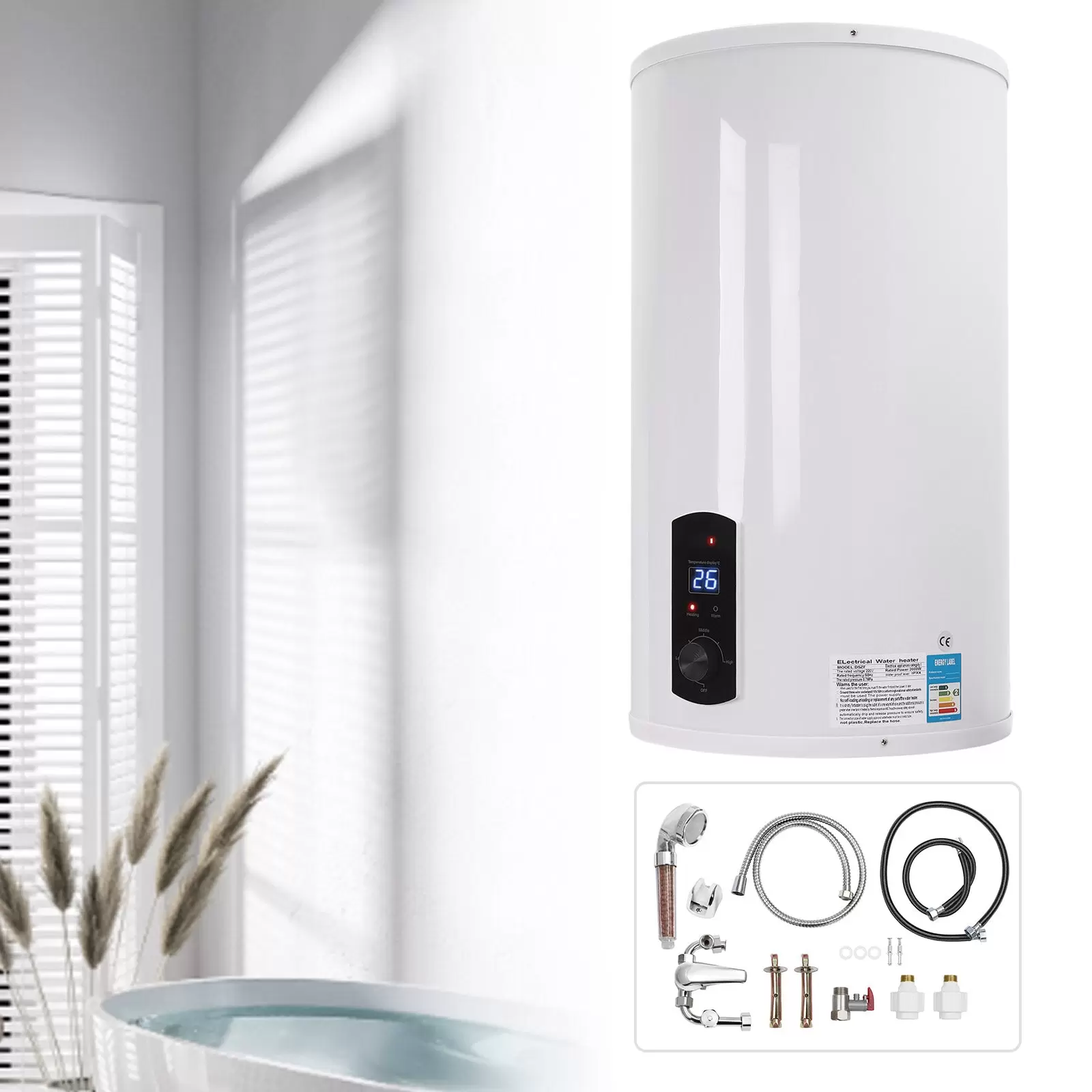 120L Calentador de agua eléctrico, con pantalla digital, vertical, 2000W, 41*75cm, adecuado para cocinas, baños
