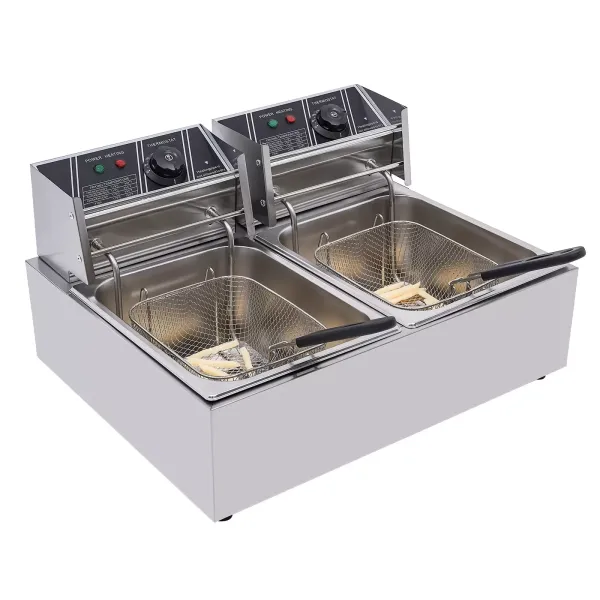 Freidora doble de 12 litros, de acero inoxidable, eléctrica, con 2 cestas y tapas para patatas fritas, pollo, restaurante, cocina en casa